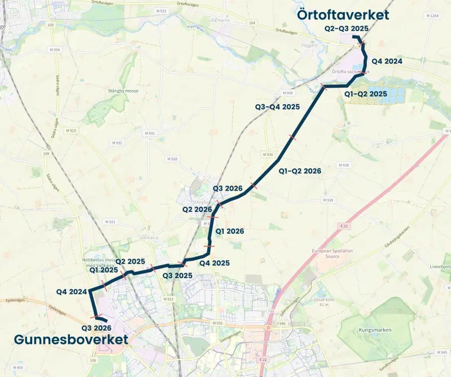 Kartbild som visar vilken väg ledningen ska gå mellan Örtofta och Gunnesbo, samt tidpunkter för etappernas byggnation.
