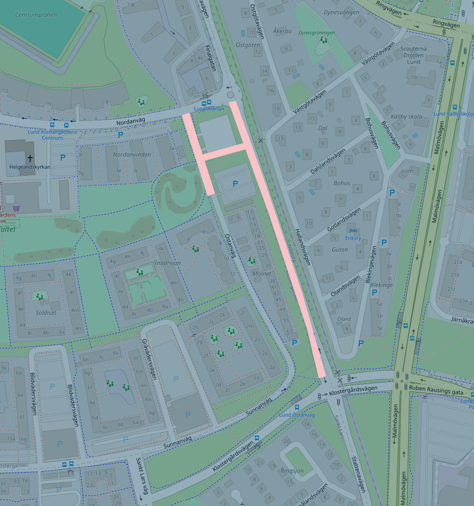 Karta &ouml;ver v&auml;gavst&auml;ngning vid Klosterg&aring;rden i Lund