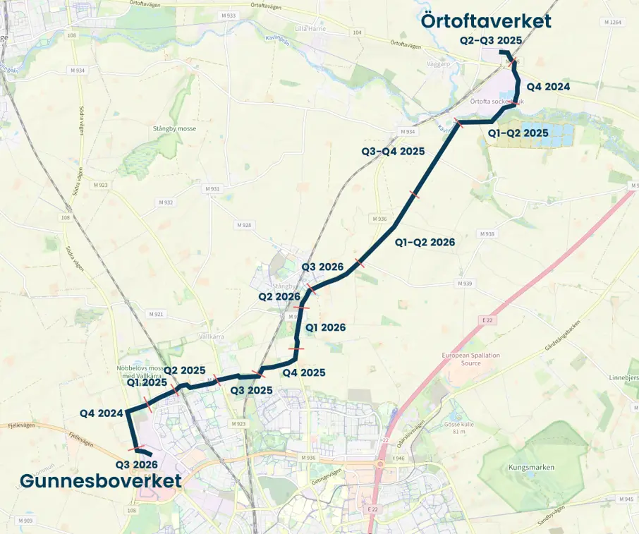 Karta &ouml;ver gr&auml;varbete mellan &Ouml;rtofta och Gunnesbo